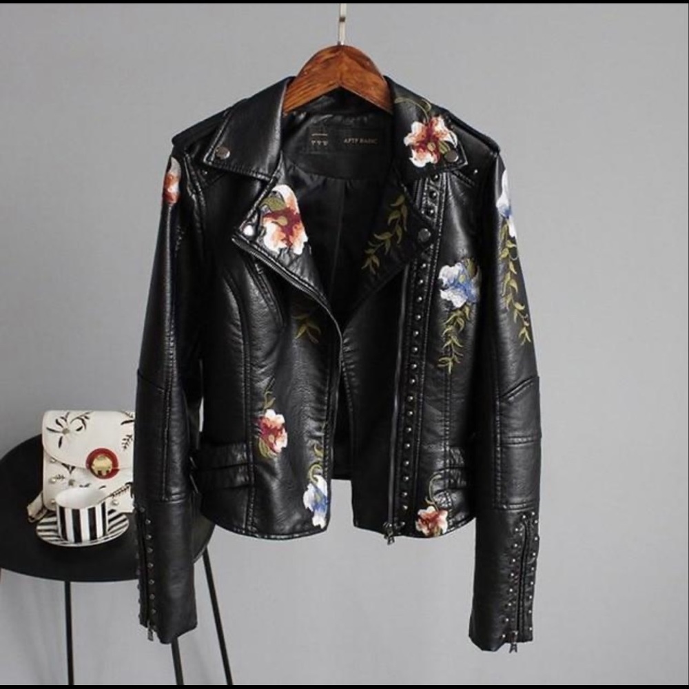 Floral Embroidered Vegan Leather Jacket